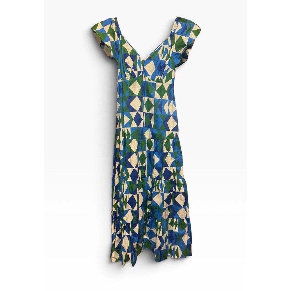 Farm Rio x Anthropologie Carmelita Maxi Dress Size Small Geometric Mosaic Blue